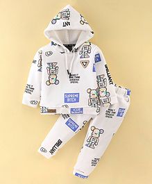 Dapper Dudes Full Sleeves Robot & Text Printed Hooded Sweatshirt With Track Pant - White