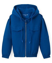 Arias  Knit Full Sleeves Front Open Hooded Sweatjacket with Pocket Detailing - Blue