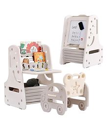 House of Quirk Kids Table and Chair Set - 3 in 1 Convertible Art Easel Magnetic Painting Board, Display Bookshelf and Bottom Storage Shelf with Chairs White - Grey