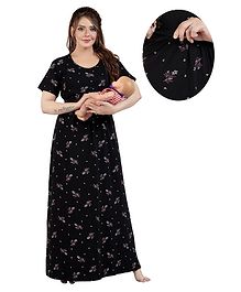 Fabme Pure Cotton Half Sleeves Floral Printed Night Dress With Concealed Zipper Nursing Access - Black