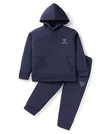 Rikidoos Full Sleeves Hooded Brand Name Printed Sweatshirt & Joggers Set - Navy Blue