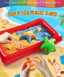 Intelliskills Sun N' Sea Magic Kinetic Sand with Big Starfish Mould & 7 Shape Moulds | Art & Craft Activity Kit | Creative Activity & Learning Toy for Toddlers & Kids | 2 Sand Packets, 1 Big Starfish Mould, 7 Shape Moulds & 1 Inflatable Tray | 3+ Yrs