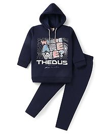 Rikidoos Full Sleeves Typography Printed Hooded Sweatshirt With Coordinating Joggers Set - Navy Blue