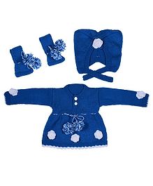 Windrop Solutions Wool Full Sleeves Floral Applique Designed Crocheted Sweater Dress Set - Blue