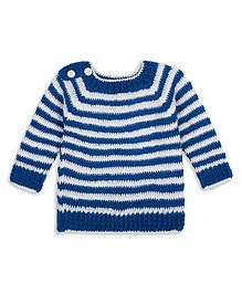 Windrop Solutions Wool Full Sleeves Crochet Striped  Sweater - Blue