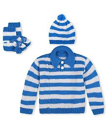 Windrop Solutions Full Sleeves Striped Crocheted Coordinating Sweater With Cap & Booties Set - Blue