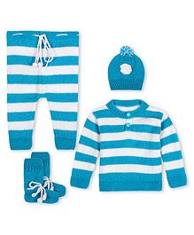 Windrop Solutions Full Sleeves Striped Crocheted Coordinating Sweater Set - Blue