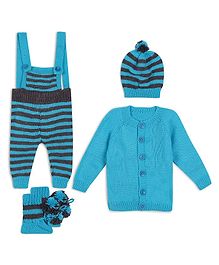 Windrop Solutions Wool Full Sleeves Crochet Solid Sweater With Striped Dungaree & Coordinating Cap & Booties - Blue