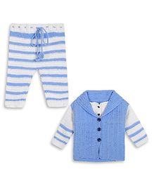 Windrop Solutions Full Sleeves Crocheted Blazer & Striped Pant Set - Sky Blue