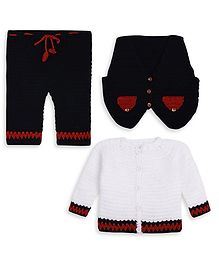 Windrop Solutions Wool Full Sleeves Crochet Colour Blocked Sweater With Coordinating Pant & Jacket Set - Black