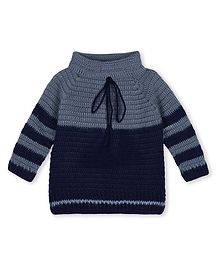 Windrop Solutions Full Sleeves Colour Blocked Crocheted Sweater - Navy Blue