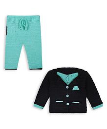 Windrop Solutions Full Sleeves Crocheted Blazer With Solid Pant Set - Black & Blue