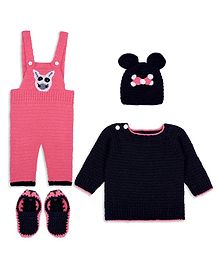 Windrop Solutions Animal Designed Crocheted Dungaree With Full Sleeves Solid Coordinating Sweater Cap & Booties Set - Black & Pink