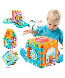 YAMAMA Baby Activity Cube Musical Toys For Kids Musical Drum Matching Shape Sorter Toy 6 in 1 Busy Learning Play Center With Music And Light - Multicolor