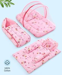 ZOE Bedding Set, Sleeping Bag & Mosquito Net Gadda Combo Set of 3 Bear & Mushroom Print - Pink