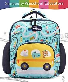 Intelliskills Yellow Animal Tour Bus Durable School Bag with Comfortable Cushion Padding | Yellow & Blue | 14 Inches | Trendy & Spacious Kids Backpack | Unisex Printed School Bag for Boys and Girls