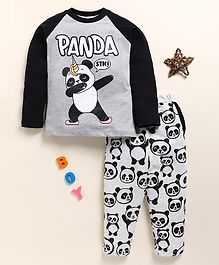 Little Marine Cotton Kint Full Sleeves Panda Printed Night Suit - Grey & Black