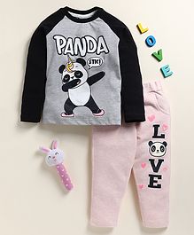 Little Marine Cotton Kint Full Sleeves Panda Printed Night Suit - Grey & Light Pink