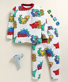 Little Marine Cotton Kint Full Sleeves Text & Animal Printed Night Suit - White