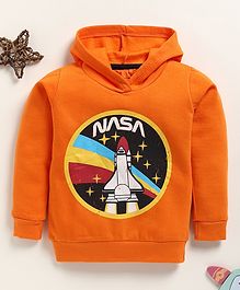 Little Marine Fleece Kint Full Sleeves Nasa Printed Hooded Sweatshirt - Orange