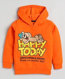 Little Marine Kint Fleece Full Sleeves Happy Today Printed Hooded Sweatshirt - Orange