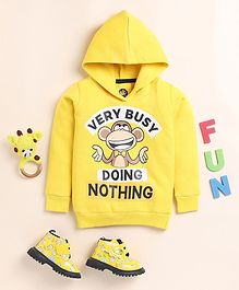 Little Marine Kint Fleece Full Sleeves Monkey & Text Printed Hooded Sweatshirt - Yellow