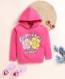 Little Marine Kint Fleece Full Sleeves Floral & Text Printed Hooded Sweatshirt - Pink