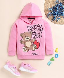 Little Marine Kint Fleece Full Sleeves Extra Fun With Teddy Printed Hooded Sweatshirt - Pink