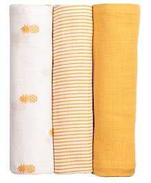 Masilo Organic Cotton Muslin 3 Piece Swaddles For Infant/Baby's,Comfortable and Lighweight, 105 x 105 cm. 0 - 2 Years - Pineapple - Yellow