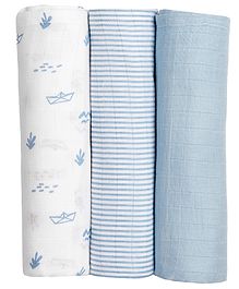 Masilo Organic Cotton Muslin 3 Piece Swaddles For Infant/Baby's,Comfortable and Lighweight, 105 x 105 cm. 0 - 2 Years - Boat - Blue
