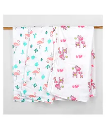 Mom's Home Organic Cotton Muslin Swaddle Cum Bath Towel Flamingo & Kids Print Pack of 2 - White