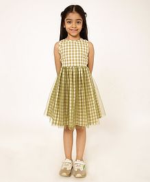 A Little Fable Fern Tulle Cotton Sleeveless Checked Dress - Olive Green