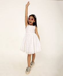 A Little Fable Grace Dobby Cotton Sleeveless Polka Dots Embroidered Dress - White