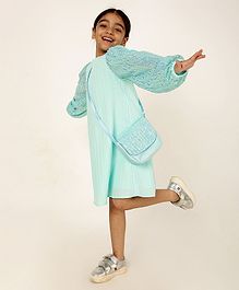 A Little Fable Full Puffed Sleeves Sequins Embellished Self Design Dress - Mint Green