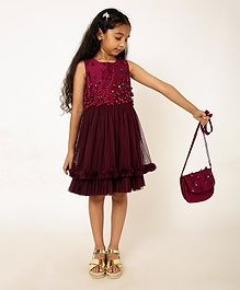 A Little Fable Sleeveless Floral Applique Detailed & Sequins Embellished Dress - Wine