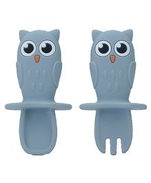 StarKiddo LittleOwl Infant Feeding Spoon & Fork| Silicone Kids Cutlery Set | Utensils Spoon Fork |Training Feeding for Kids Toddlers| Premium, Safe & Stylish | BPA Free (Light Blue)