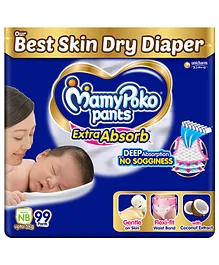 MamyPoko Pants Extra Absorb Baby Diapers,
                        New Born (NB size) | 0-5 kg | 99 Count |Deep
                        Sleep Diapers| Soft gentle fit |Deep Absorbent
                        Crisscross | skin friendly with coconut oil |
