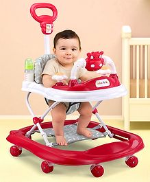 Baby Dino Musical walker with Adjustable Height Parental Handle Foot Mat & Musical Activity cum Feeding Tray Detachable Cushioned Seat 360Â° Rotational Wheels -Red