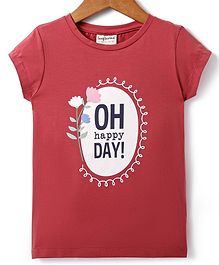 Lazy Bones Sinker Knit Half Sleeves T-Shirt with Oh Happy Day Text Print - Maroon