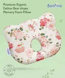 Bonfino Premium Cotton Bear shape Memory Foam Pillow  Cupcake Print - Pink & White| Prevents Flat-Head Syndrome| Neck & Shoulder Support| Soft Breathable Fabric| Washable| Travel Friendly| 0+ Months