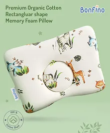 Bonfino Premium Cotton Rectangluar Shape Memory Foam Pillow African Safari Print- Green&White| Prevents Flat-Head Syndrome| Neck& Shoulder Support| Soft Breathable Fabric| Travel Friendly