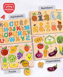 Play Nation Wooden Educational Puzzles Set of 4 | Alphabets, Numbers, Fruits & Vegetables | Fun Learning Toy for Toddlers | Safe & Non-Toxic | Ideal for 2+ Years Old Kids | BIS Certified
