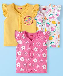 Babyhug 100% Cotton Woven Sleeveless Frill Detailing Front Open jhabla with Tropical Theme Print Pack Of 3 - Blue White & Yellow