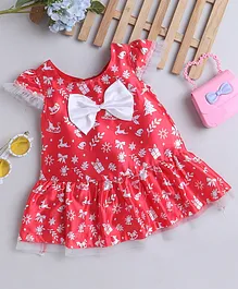Many frocks & Christmas Theme Satin Cap Sleeves Bow Applique Detailed & Gifts Printed Dress - Red