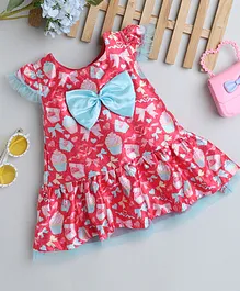 Many frocks & Christmas Theme Satin Cap Sleeves Bow Applique Detailed & Hearts Printed Dress - Pink