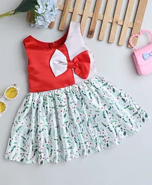 Many frocks & Christmas Theme Satin Sleeveless Bow Applique Detailed & Cut & Sew Dress - Red