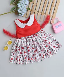 Many frocks & Satin Christmas Theme Half Bell Sleeves Candy Canes Printed & Frill Detailed Dress - Red