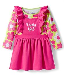 Doodle Poodle Single Jersey Knit Full Sleeves Inner Tee with Frock with Floral Print & Frill Detailing - Dark Pink