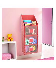 Kuber Industries Hanging Almirah | Folding Baby Almirah | 4 Compartments Storage Almirah | Hanging Wall Almirah | Wardrobe Organizer for Cloth-Shoes-Toys | Hathkadi | Red