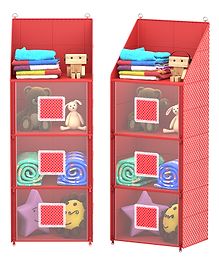 Kuber Industries Pack of 2 Hanging Almirah | Folding Baby Almirah | 4 Compartments Storage Almirah | Hanging Wall Almirah | Wardrobe Organizer for Cloth-Shoes-Toys | Hathkadi | Red